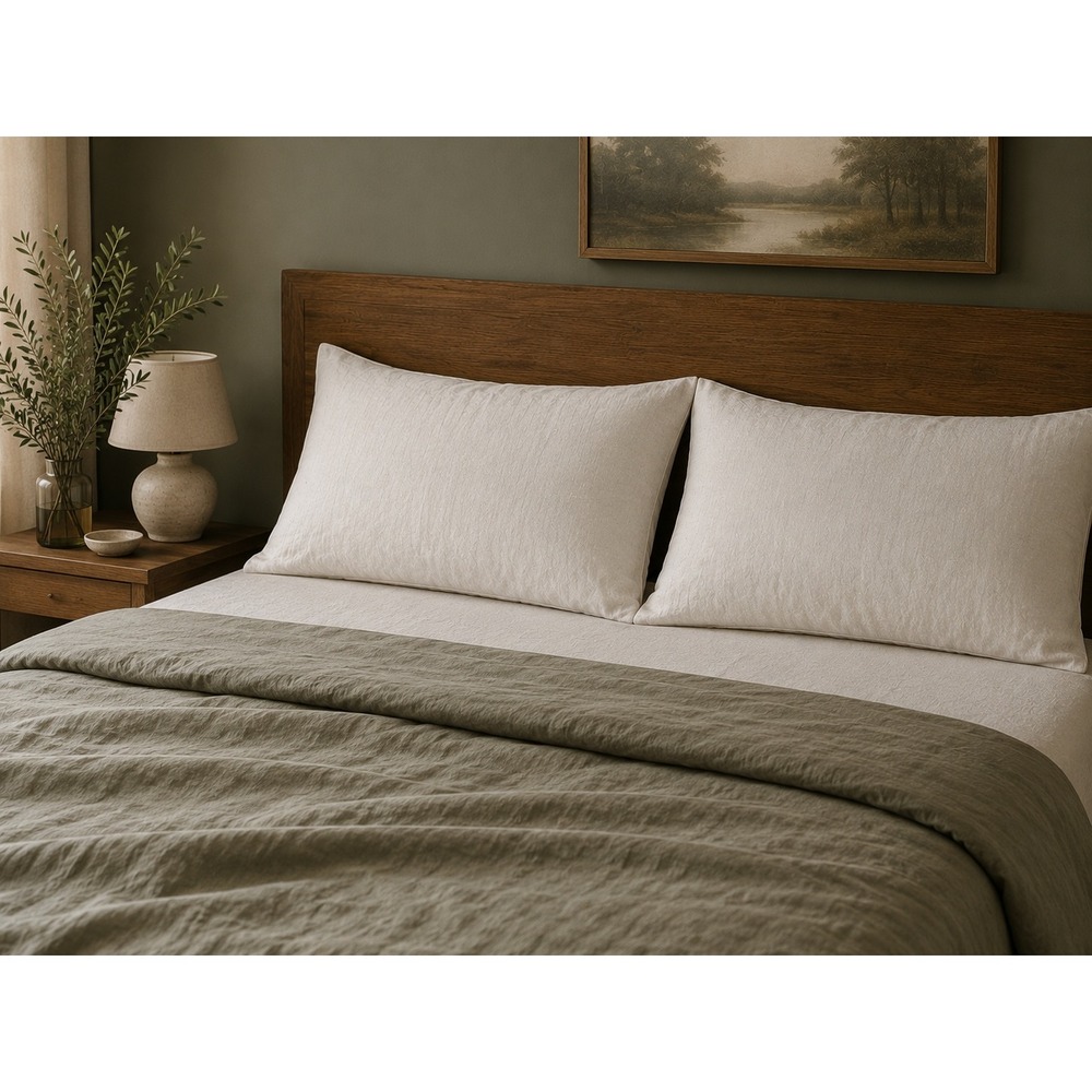 DAPU Natural Flax French‎ Linen Pillowcases Pair 20x40 Beige StoneWashed Covers
